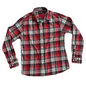 Line of Trade Mens L Flannel Red Black Plaid Button Up Shirt Long Sleeve